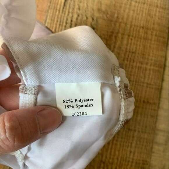 Orcas Lucille baby girls tan and white checkered swimsuit top with ruffle sleeve - Picture 6 of 6